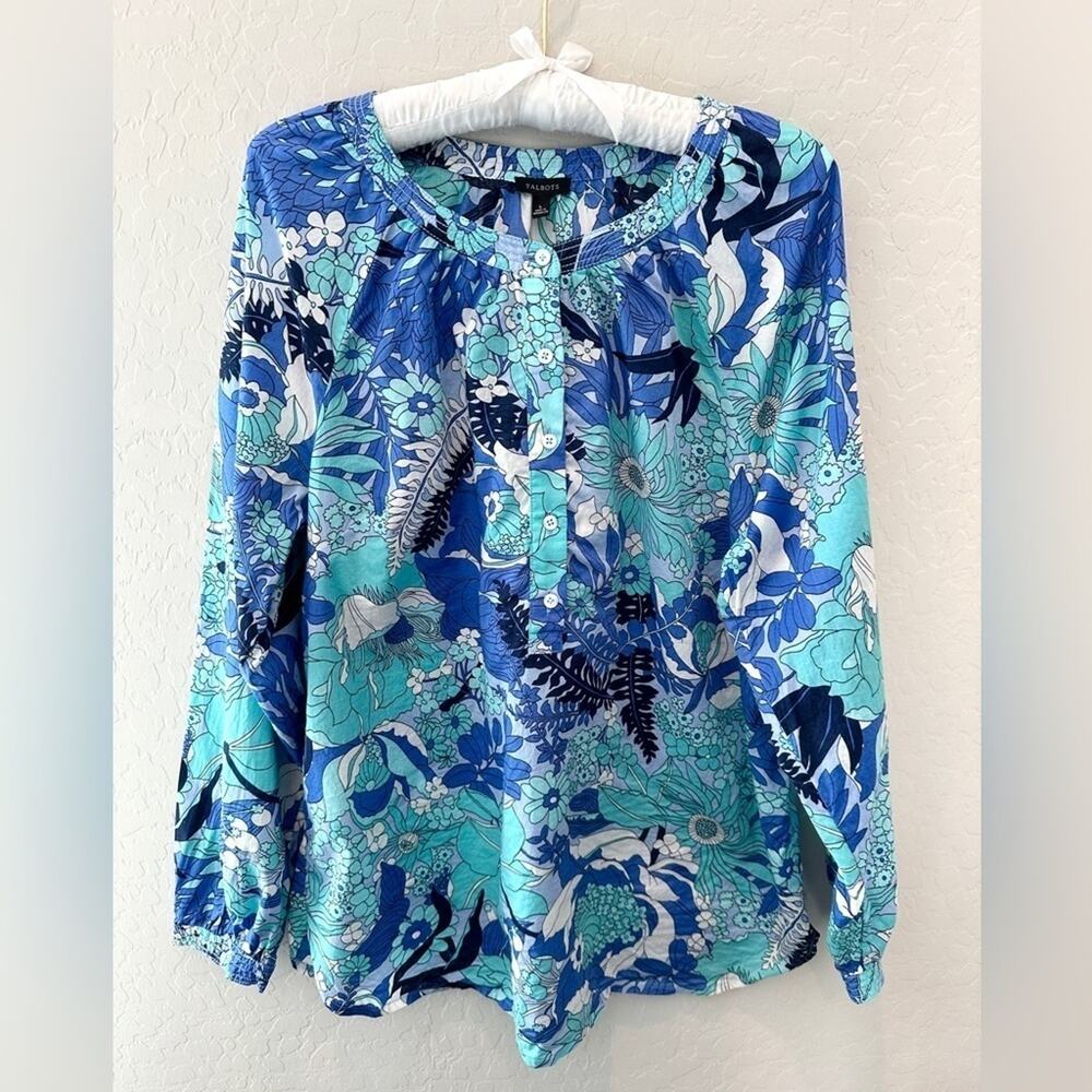 TALBOTS | Blue Jungle Garden Print Blouse 100% Cotton | Size Large